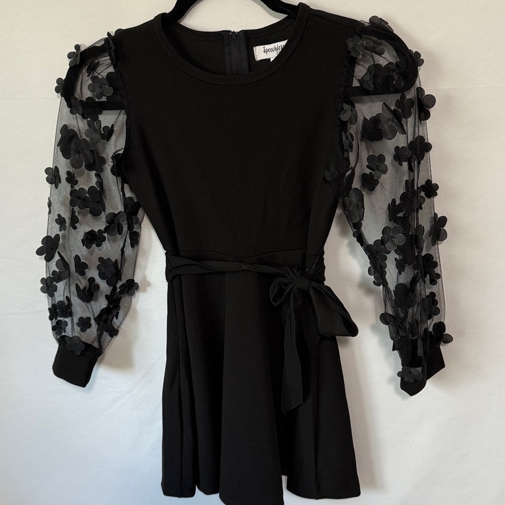 Speechless kids Black Dress with Floral Mesh Sleeves